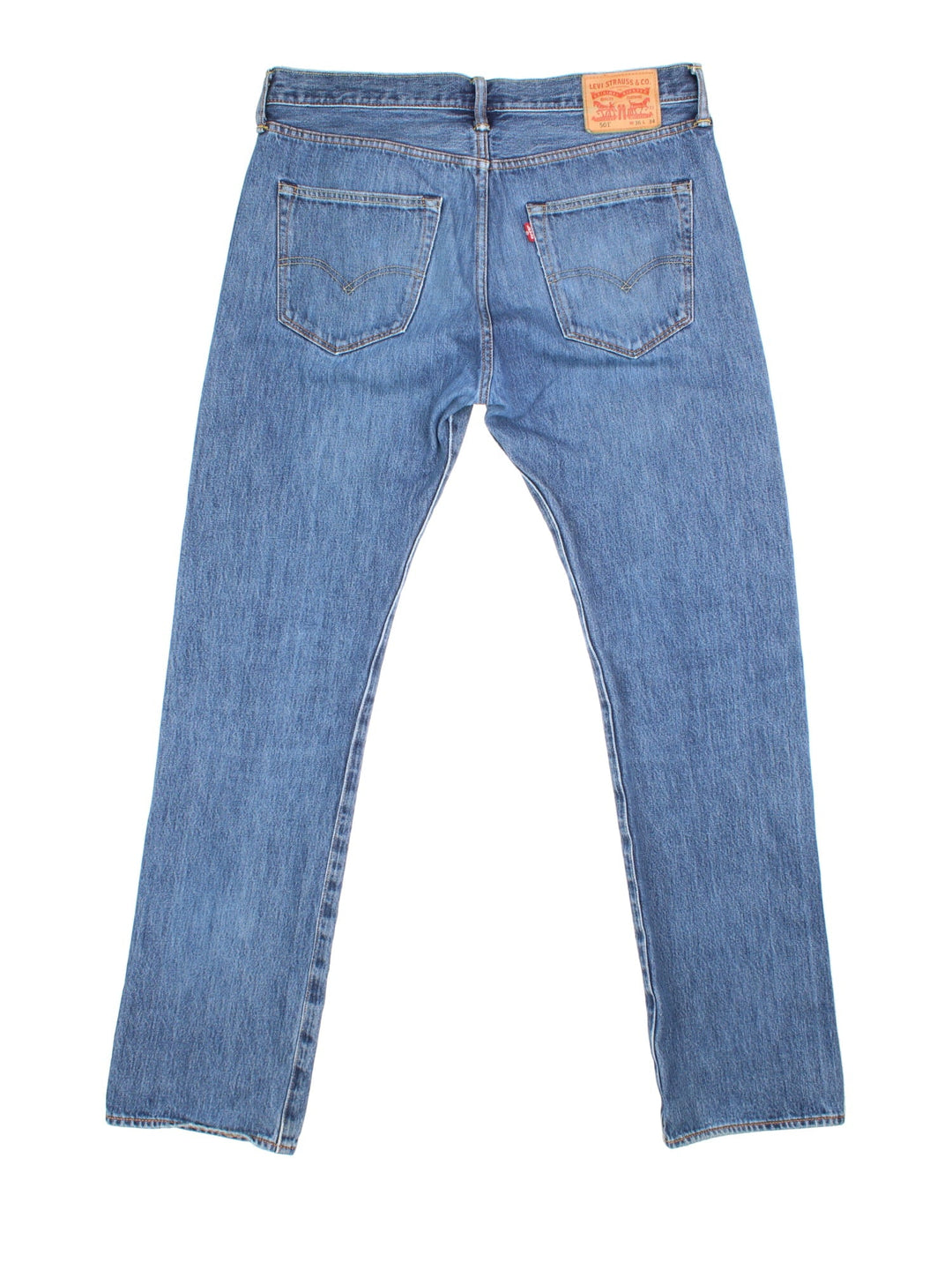 Levi Strauss 501 jeans in blue colourway with button up fly, straight leg and leather logo patch on the back.