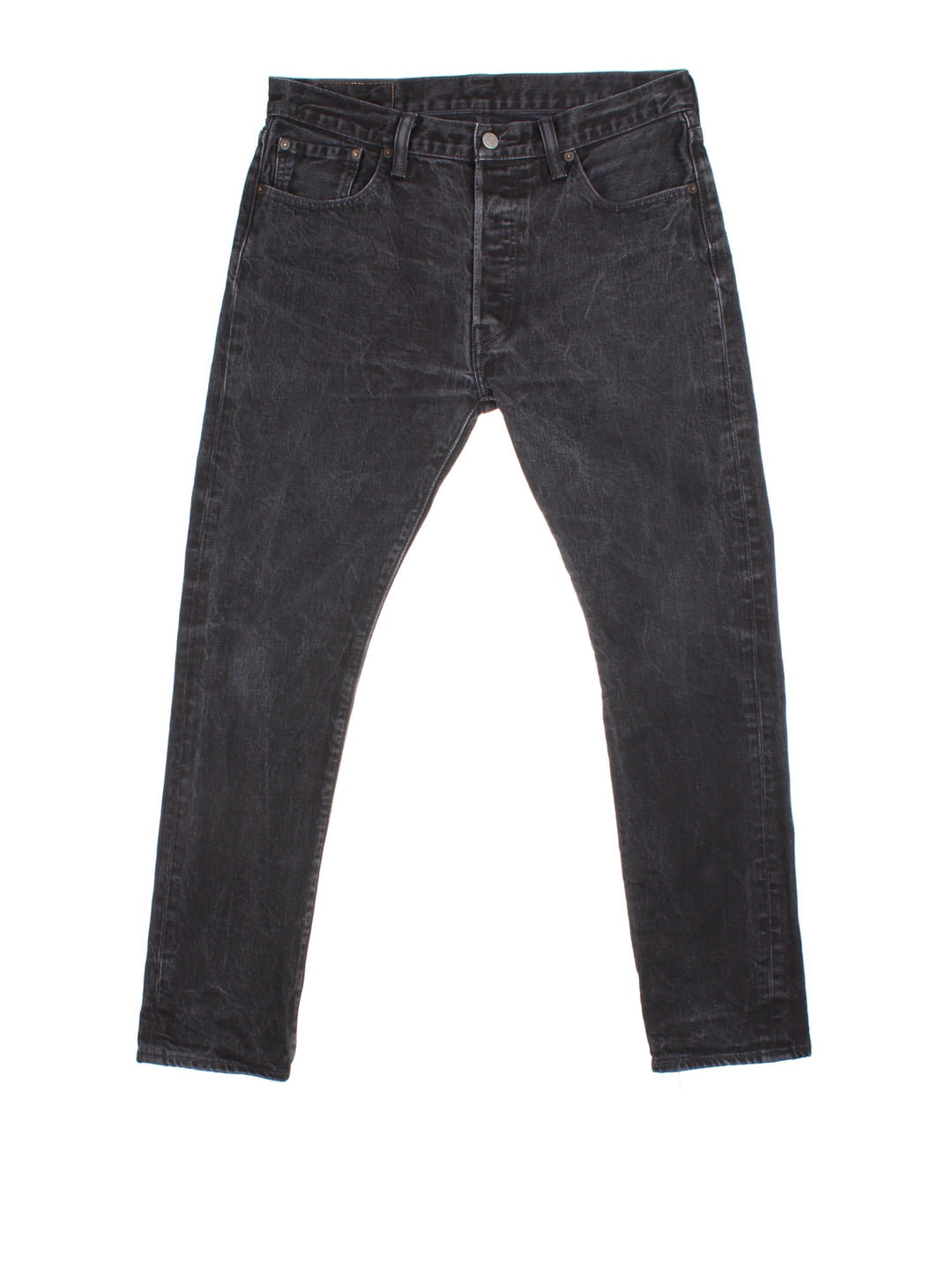 Levi Strauss 501 jeans in black colourway with button up fly, straight leg and leather logo patch on the back.