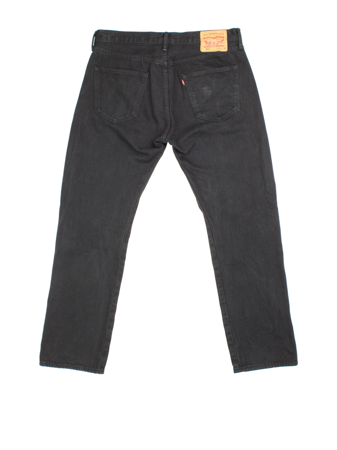 Levi Strauss 501 jeans in black colourway with button up fly, straight leg and leather logo patch on the back.