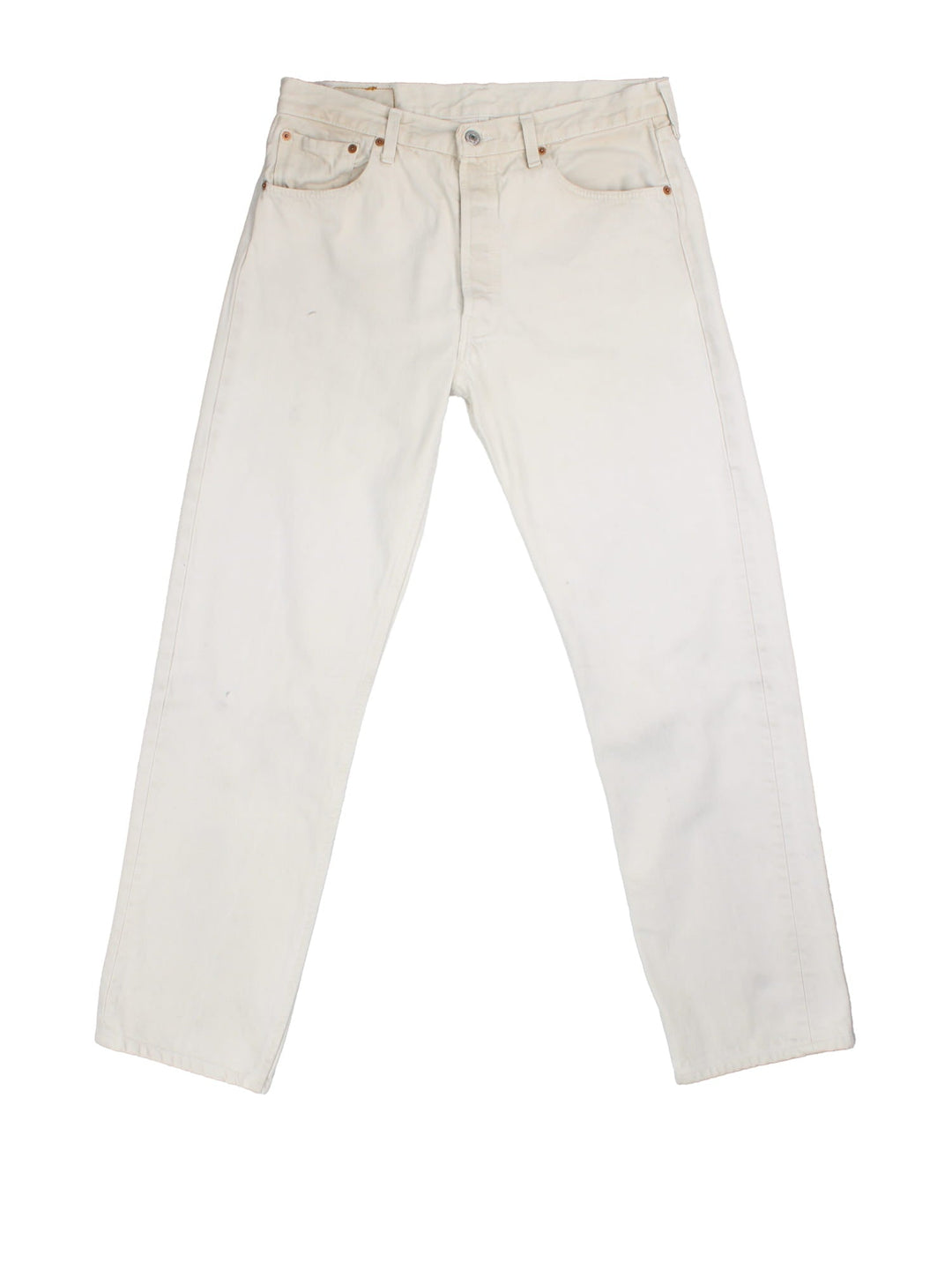 Levi Strauss 501 jeans in white colourway with button up fly, straight leg and leather logo patch on the back.