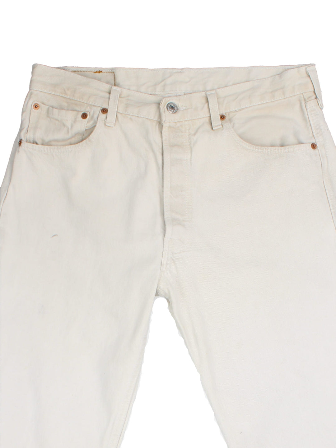 Levi Strauss 501 jeans in white colourway with button up fly, straight leg and leather logo patch on the back.