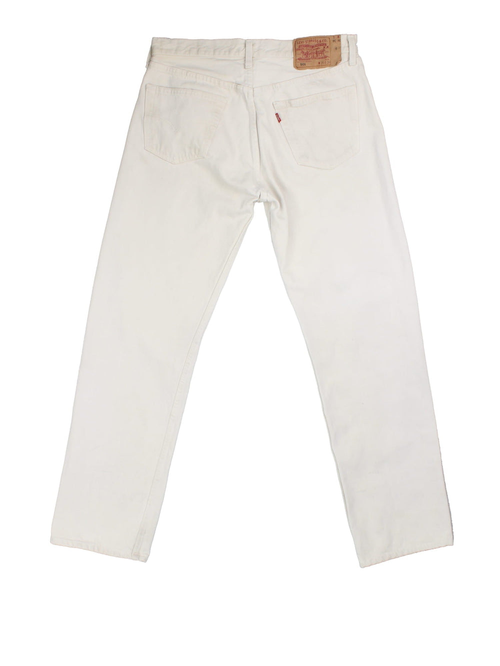 Levi Strauss 501 jeans in white colourway with button up fly, straight leg and leather logo patch on the back.