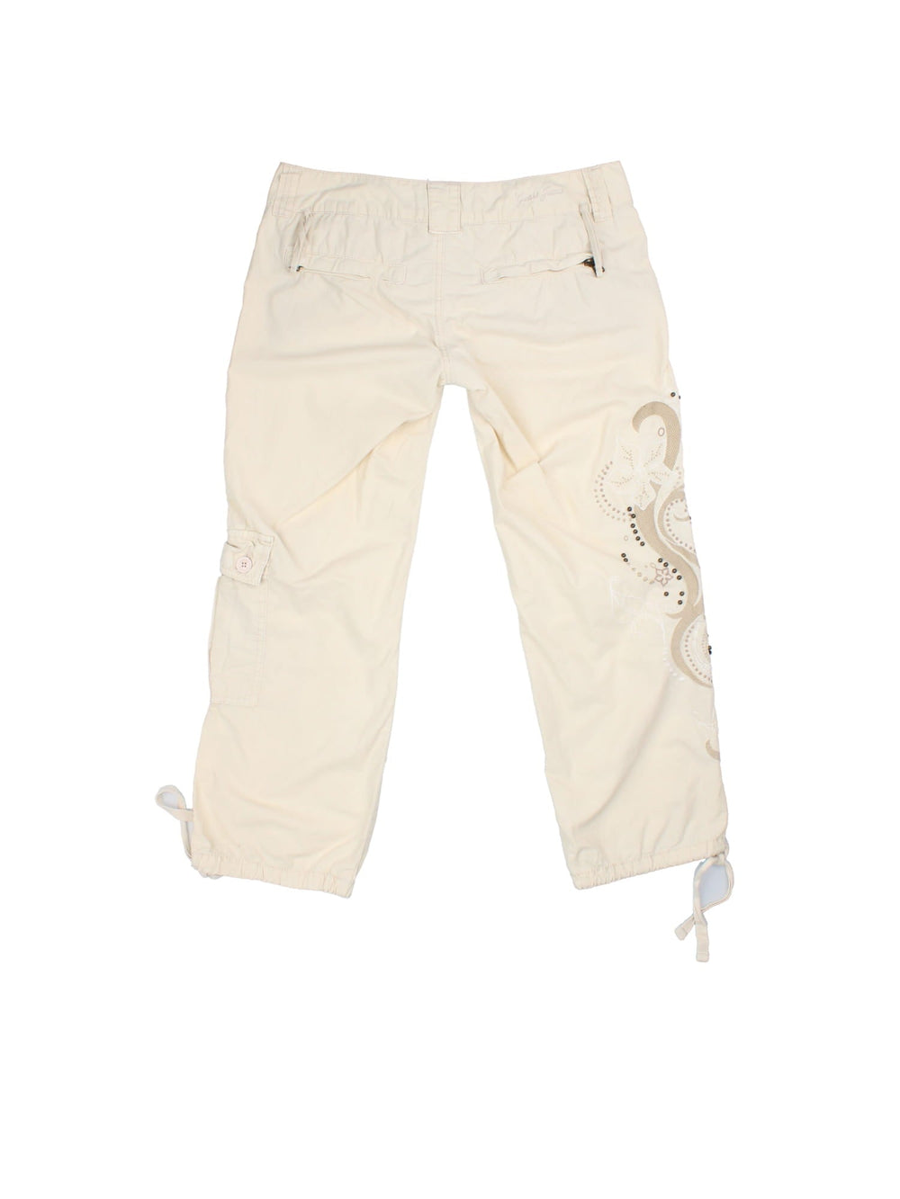 Y2K Guess Capri Trousers in white colourway with cargo pockets/ties and embroided/beaded detaling on right leg.