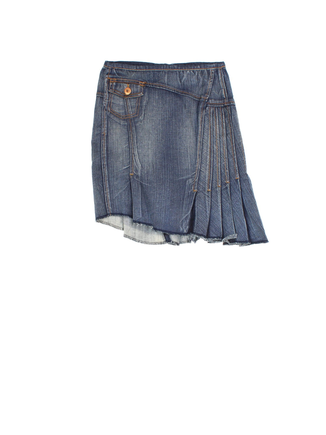 Y2K Vintage Asymmetrical Denim Skirt in blue colourway. Front pocket and pleating detail.