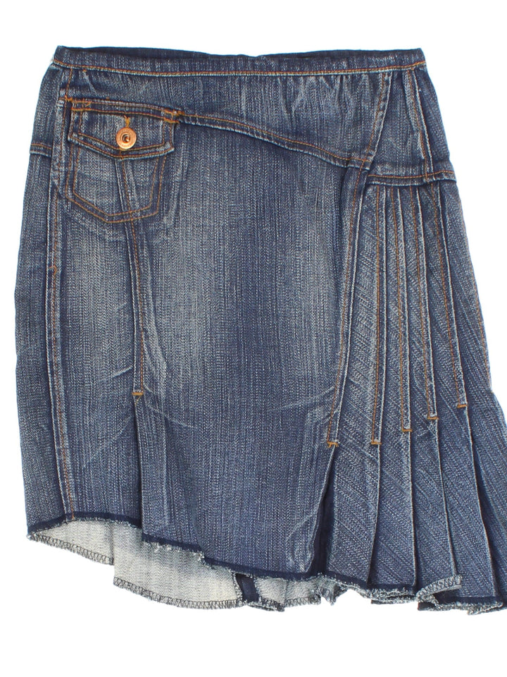 Y2K Vintage Asymmetrical Denim Skirt in blue colourway. Front pocket and pleating detail.