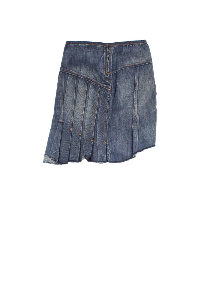 Y2K Vintage Asymmetrical Denim Skirt in blue colourway. Front pocket and pleating detail.