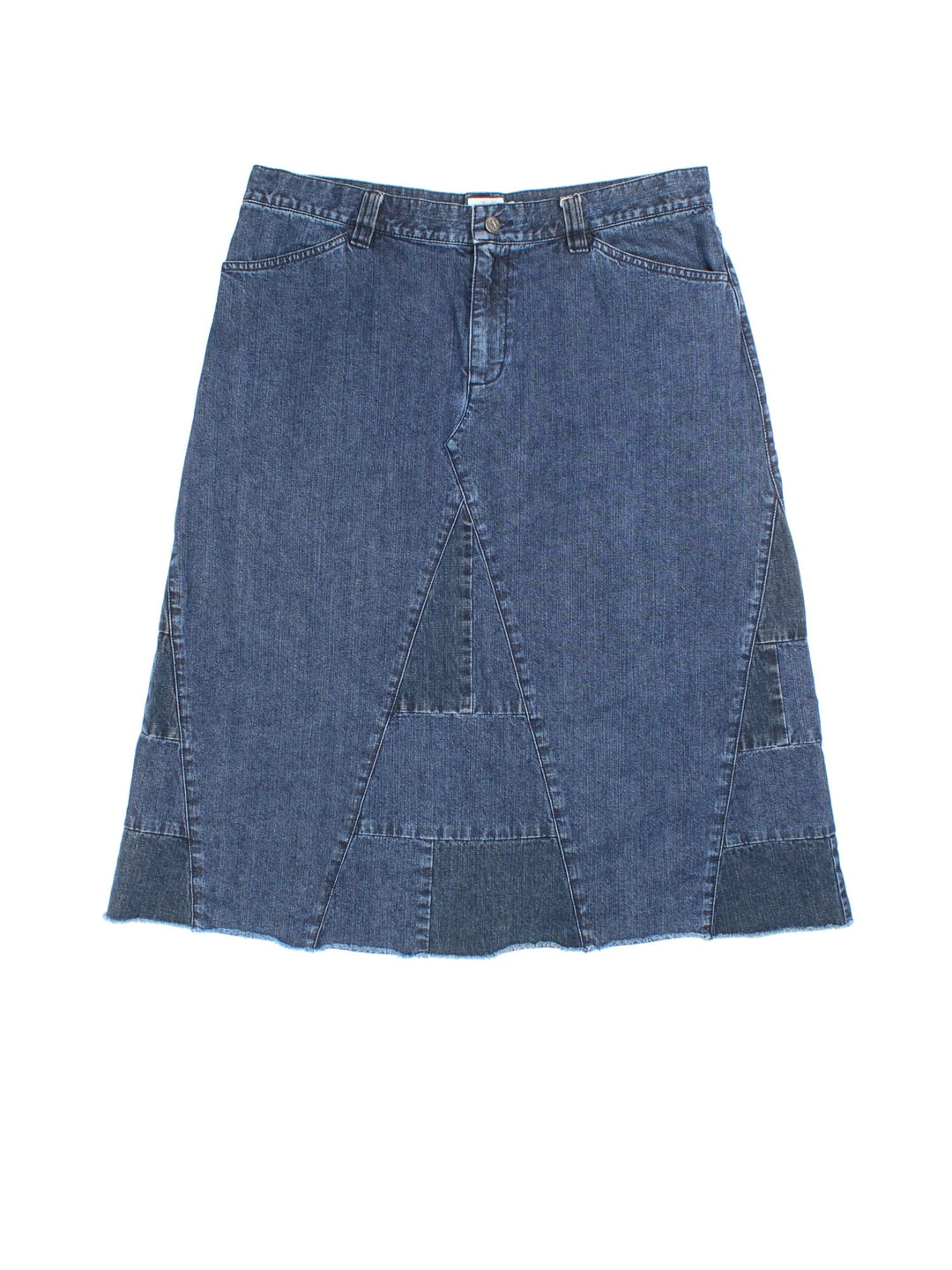 Y2K Calvin Klein Denim Skirt in blue colourway. Button/zip fastening, multi denim panel detailing and branding on back pocket.