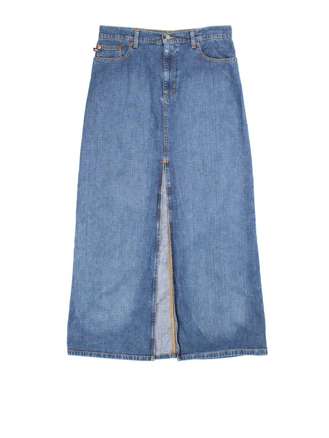 Y2K Ralph Lauren Denim Skirt in blue colourway. Button/zip fastening, with front slit detailing, leather branded patch and embroidered branding on back pocket.