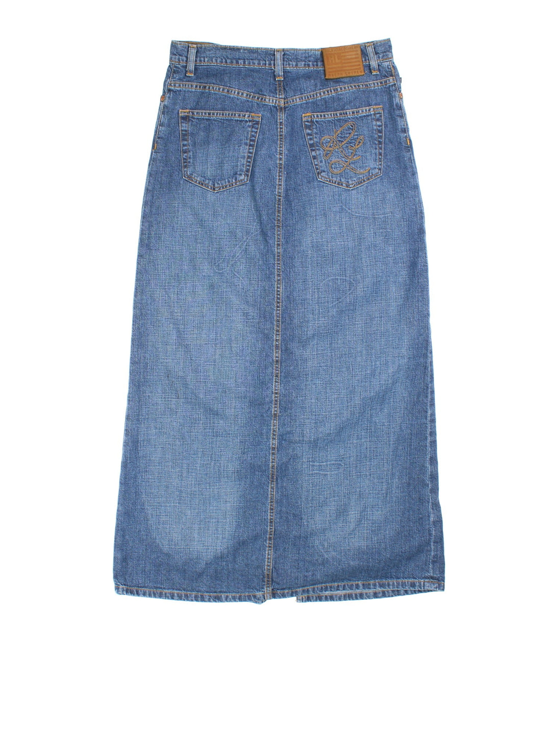 Y2K  Denim Skirt in  colourway. Button/zip fastening, with front slit detailing, leather branded patch and embroidered branding on back pocket.