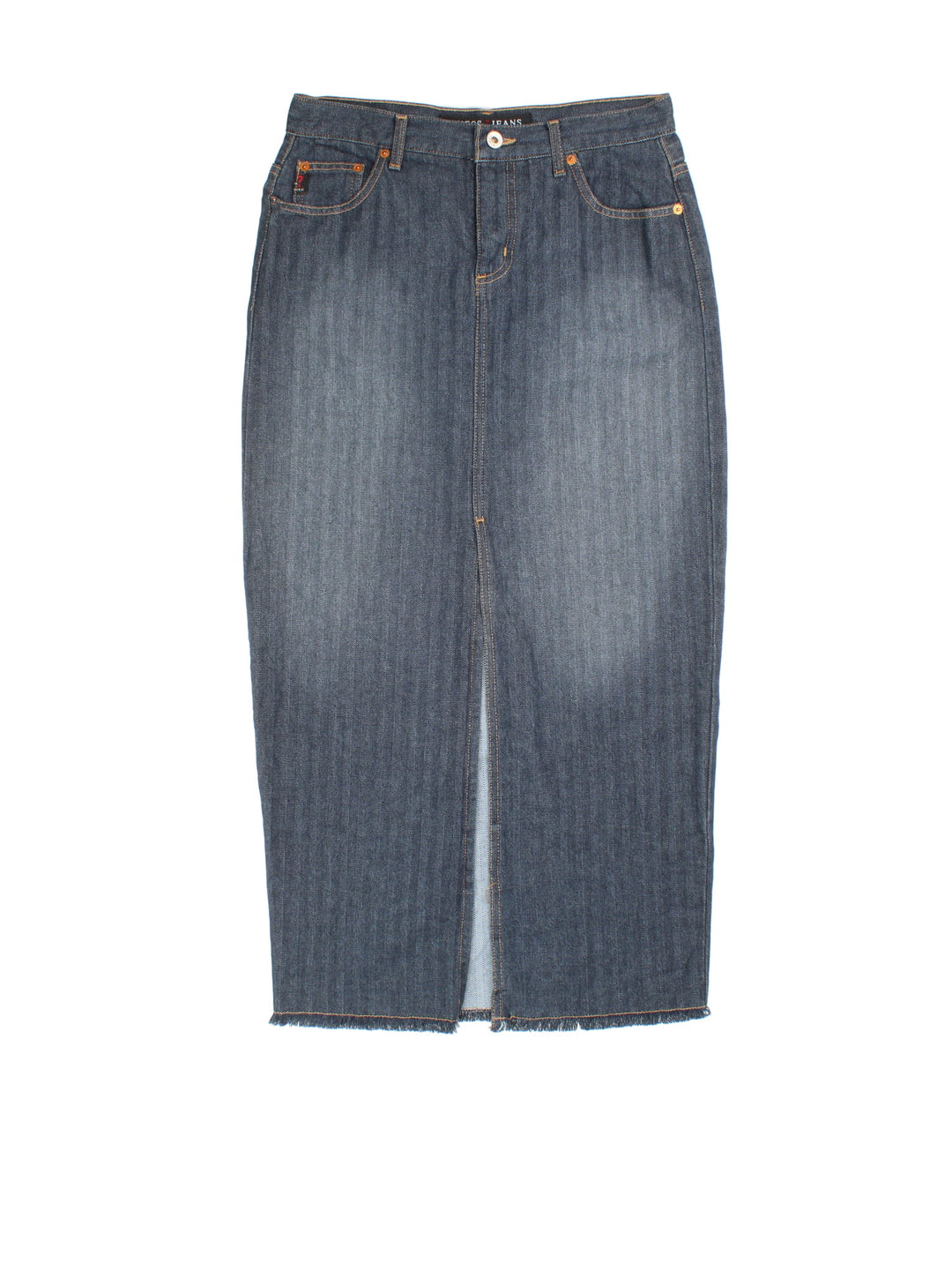 Y2K Guess Denim Skirt in blue colourway. Button/zip fastening, with front slit detailing and leather branded patch.