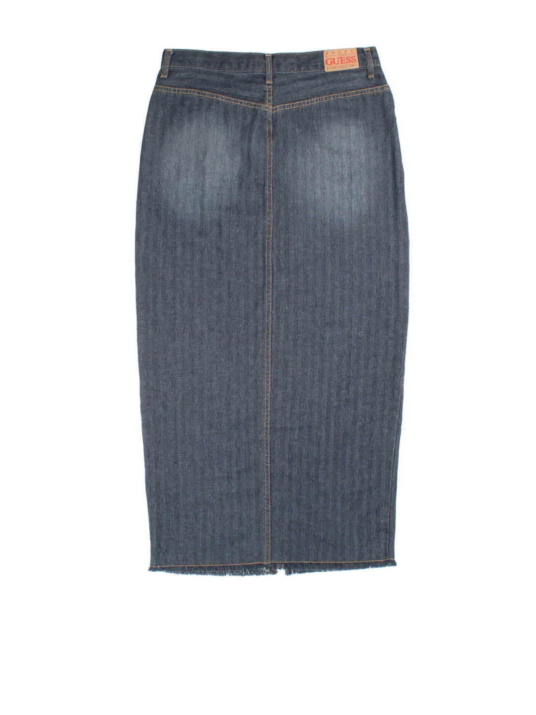 Y2K Guess Denim Skirt in blue colourway. Button/zip fastening, with front slit detailing and leather branded patch.