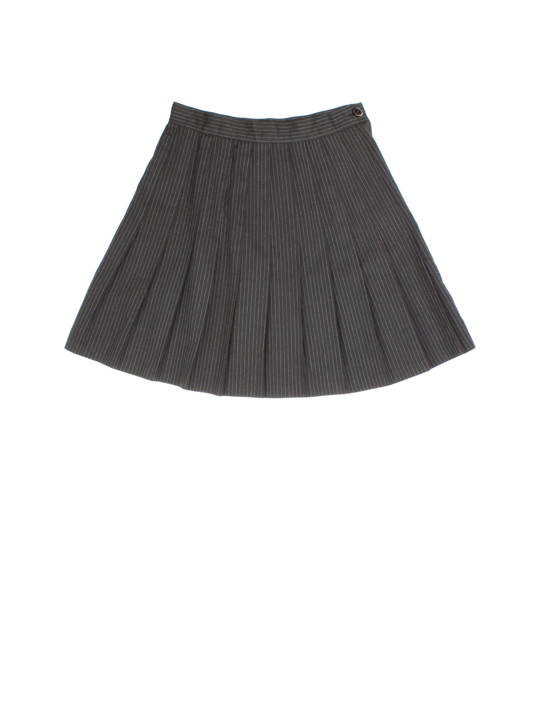 Y2K Vintage Pinstripe Pleated Mini Skirt in black colourway, with grey stripe. Side button/zip fastening and pleat detailing.