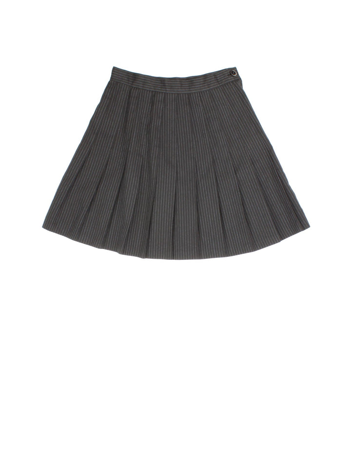 Y2K Vintage Pinstripe Pleated Mini Skirt in black colourway, with grey stripe. Side button/zip fastening and pleat detailing.