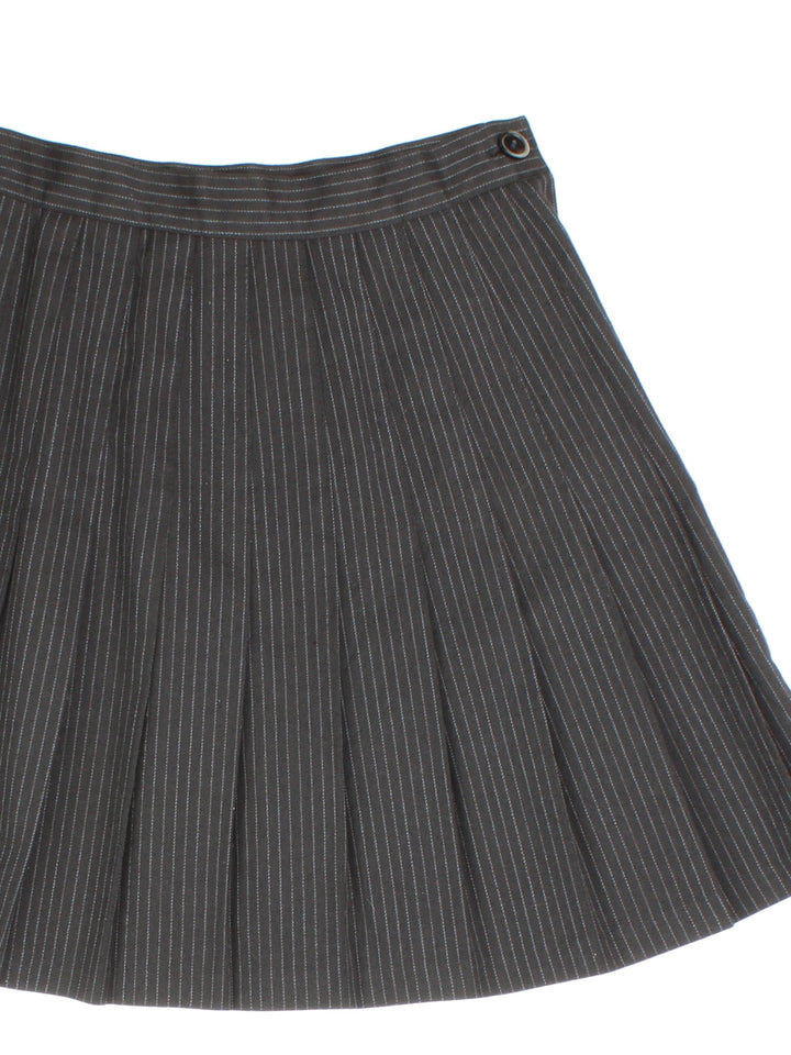 Y2K Vintage Pinstripe Pleated Mini Skirt in black colourway, with grey stripe. Side button/zip fastening and pleat detailing.