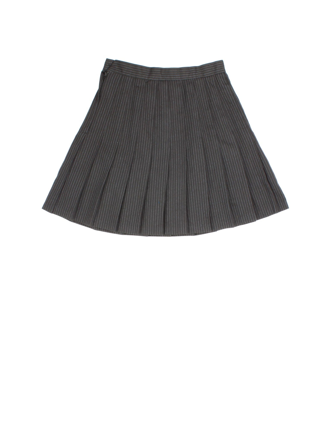 Y2K Vintage Pinstripe Pleated Mini Skirt in black colourway, with grey stripe. Side button/zip fastening and pleat detailing.