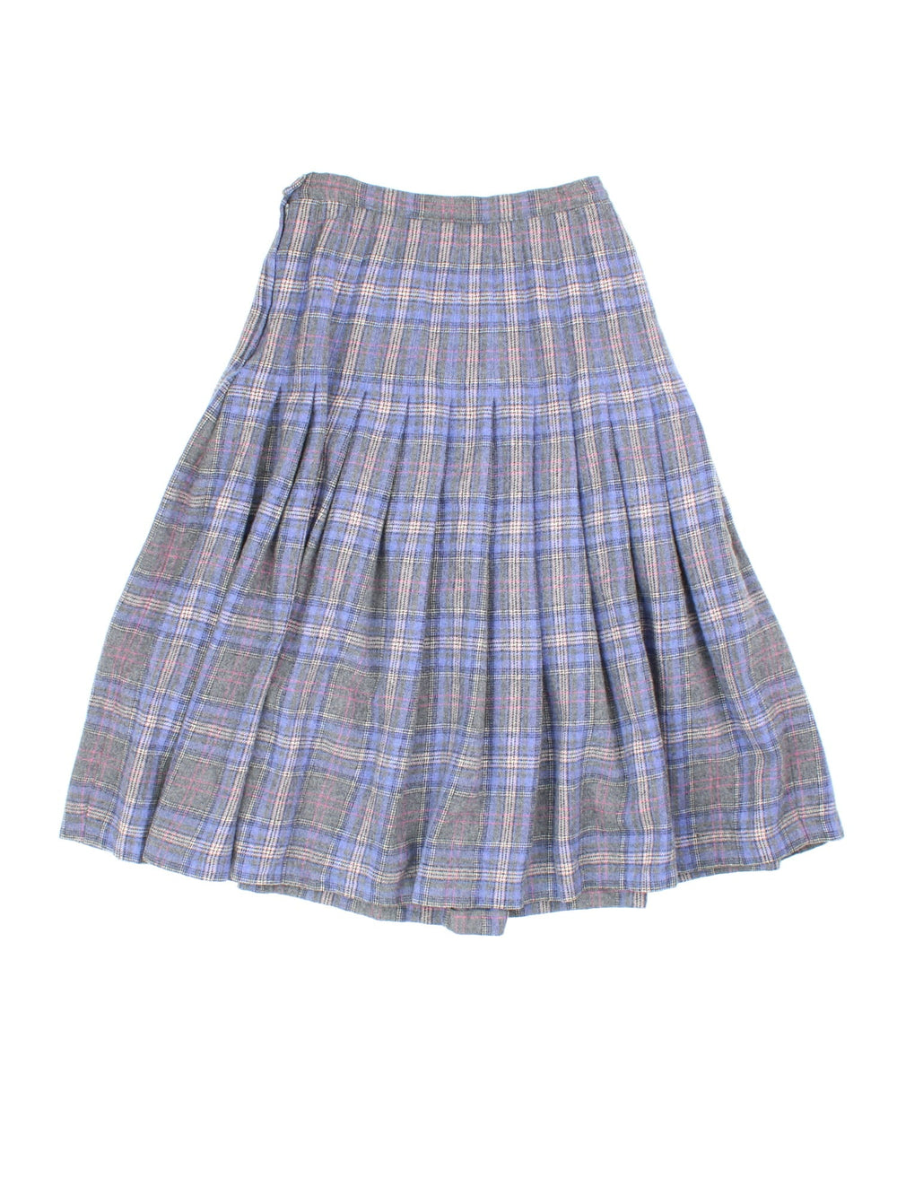 Pendleton Pleated Wool Skirt in grey colourway with pink and purple checks. Side button/zip fastening and pleat detailing.