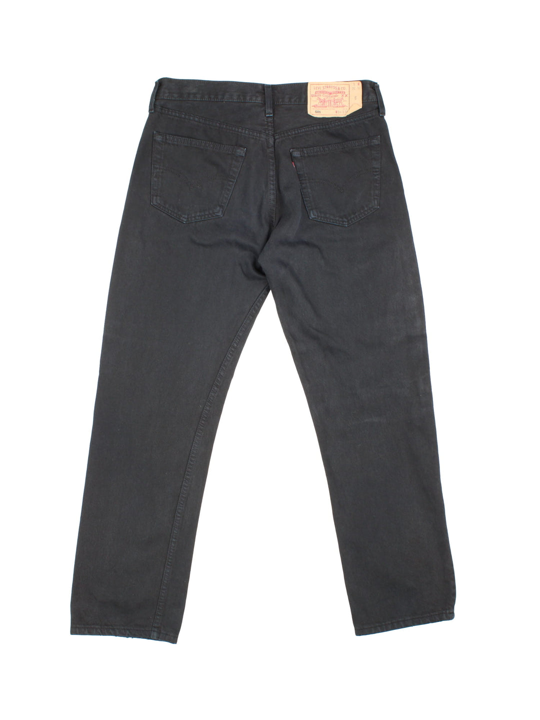 Levi Strauss 501 jeans in black colourway with multiple pockets and the logo embroidered on the back.