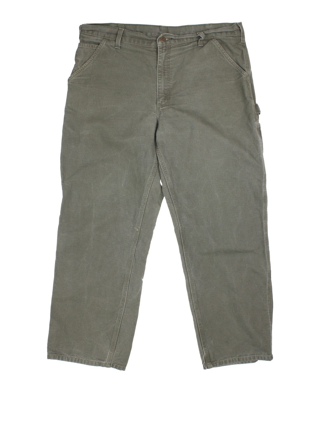 Carhartt Trousers in a green colourway, with multiple pockets and leather logo on the back.