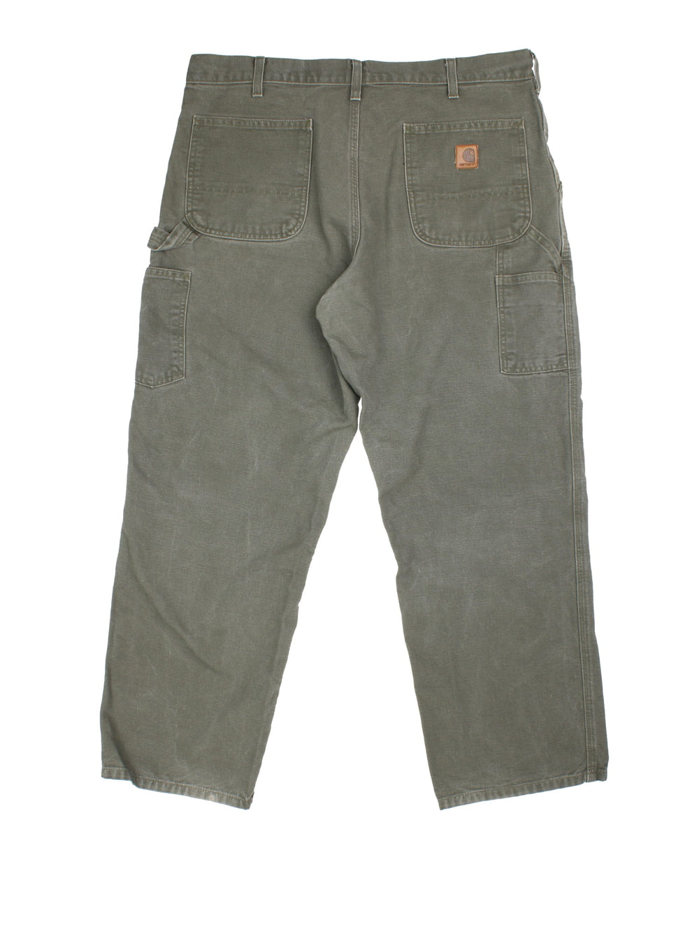 Carhartt Trousers in a green colourway, with multiple pockets and leather logo on the back.