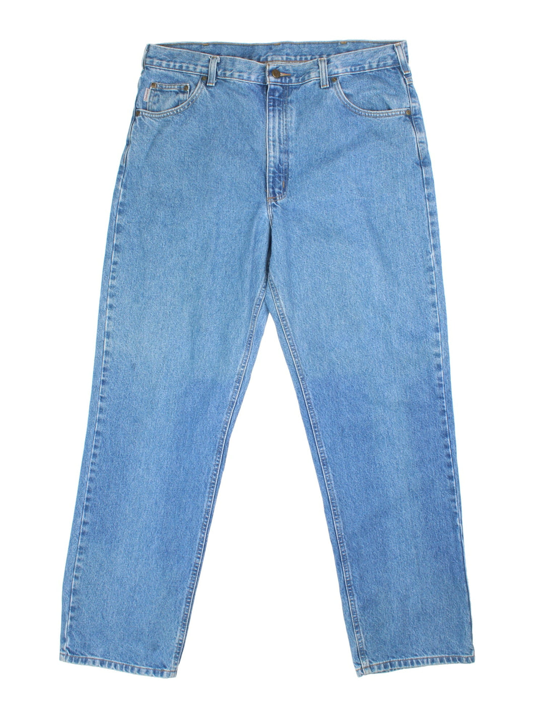 Carhartt Jeans in a blue colourway, with multiple pockets and leather logo on the back pocket.