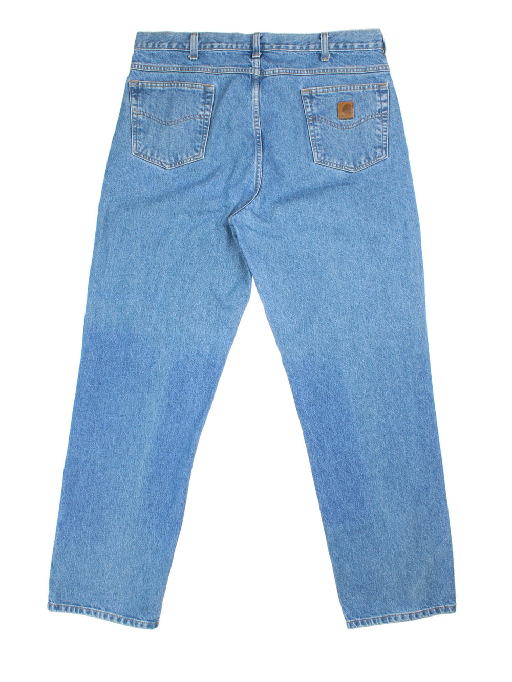 Carhartt Jeans in a blue colourway, with multiple pockets and leather logo on the back pocket.