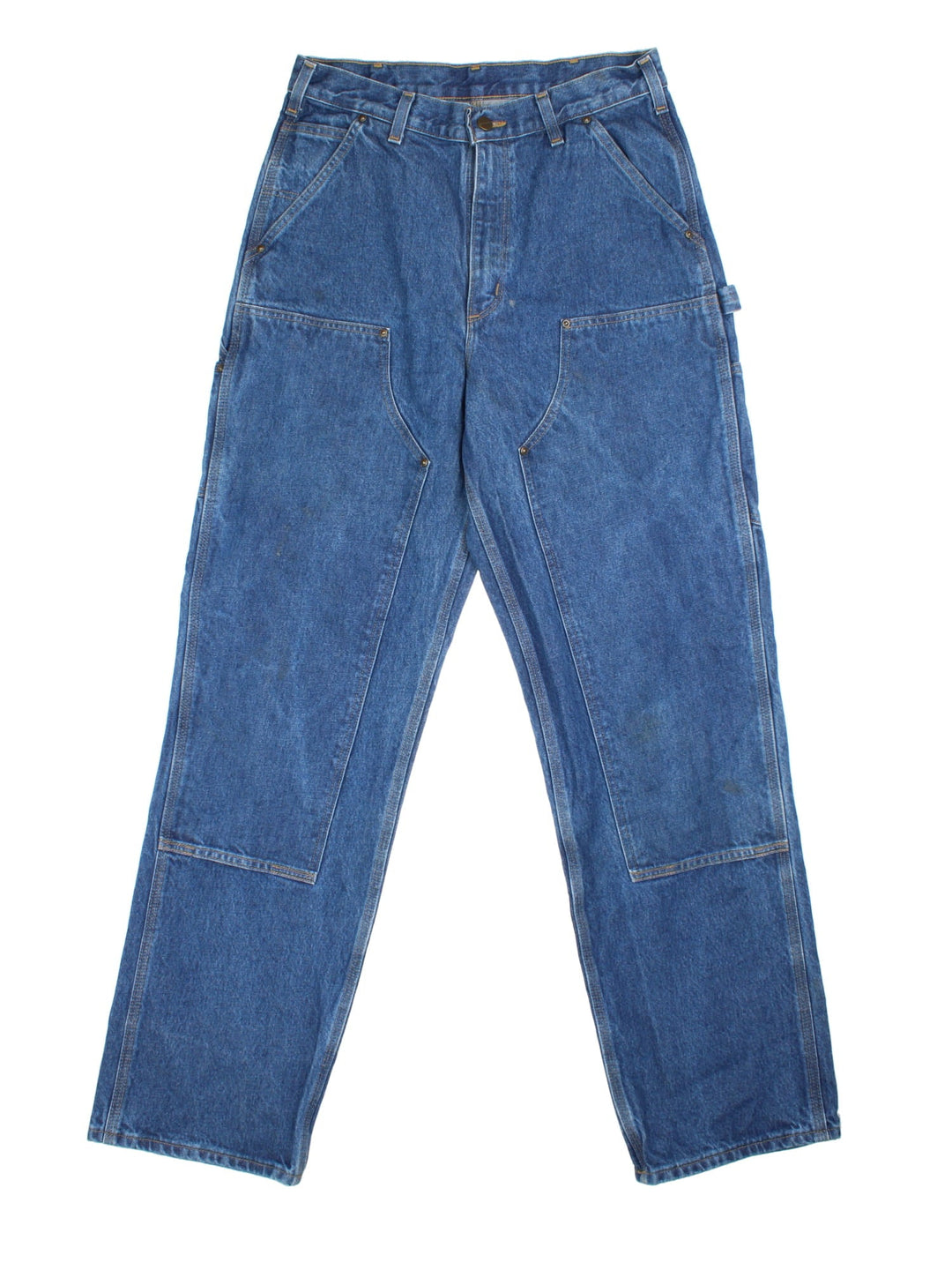 Carhartt Double Knee Jeans in a blue colourway, with multiple pockets and leather logo on the back pocket.