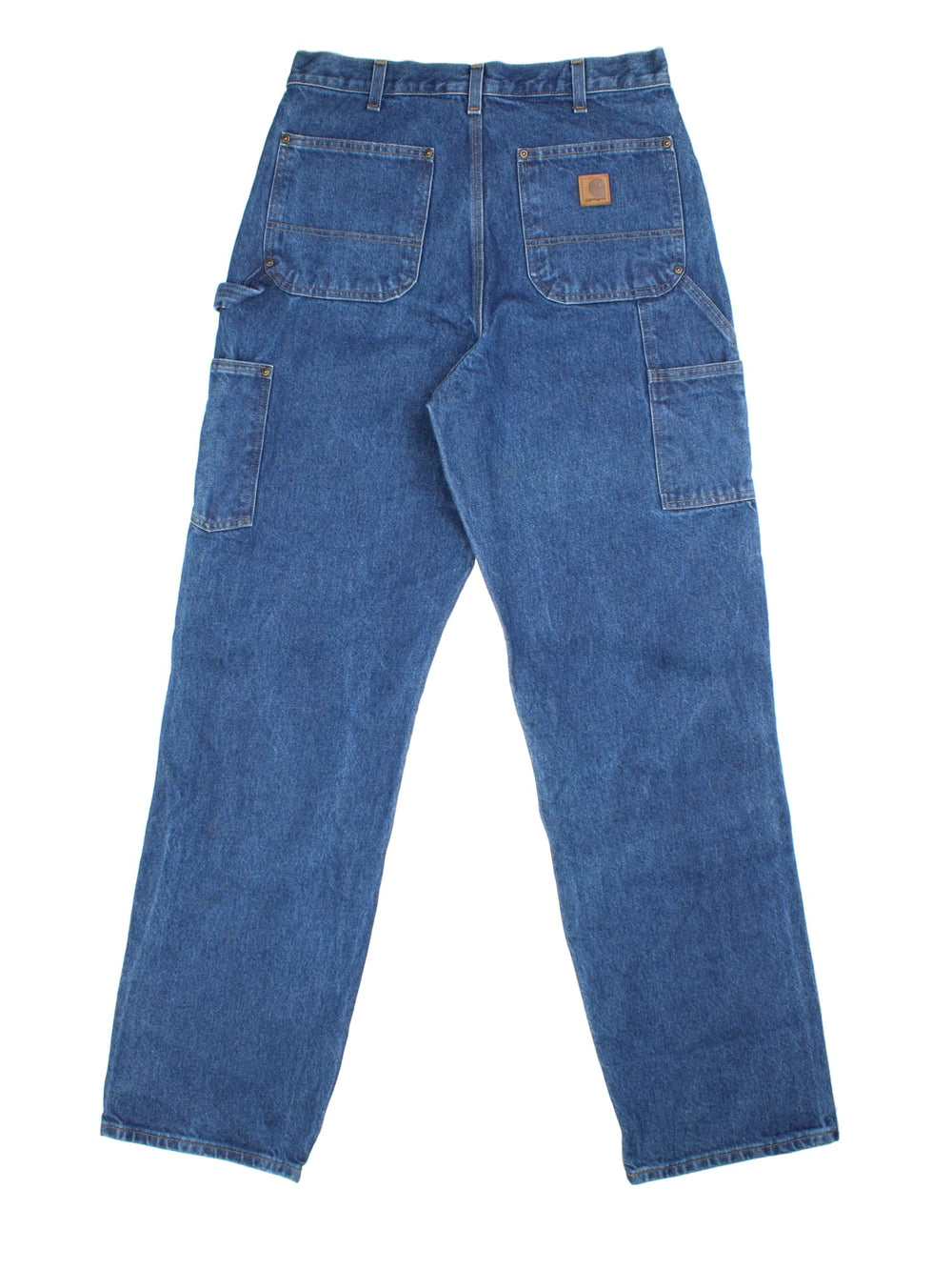 Carhartt Double Knee Jeans in a blue colourway, with multiple pockets and leather logo on the back pocket.