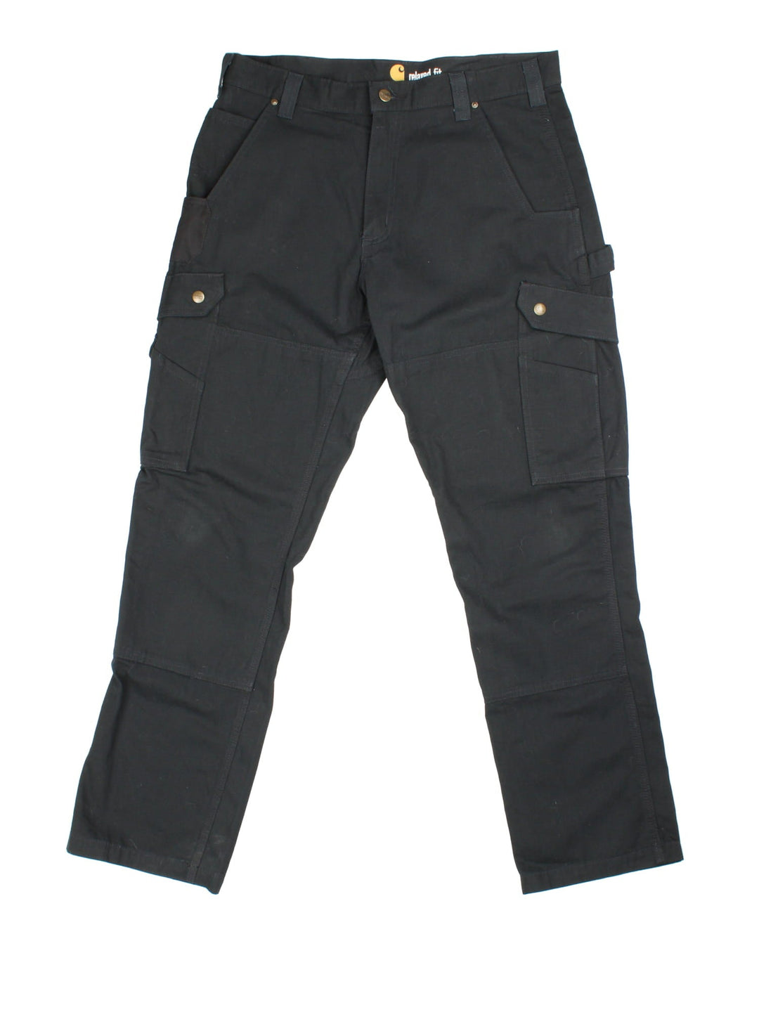 Carhartt Cargo Trousers in a black colourway, with multiple pockets and embroidered logo on the back pocket.