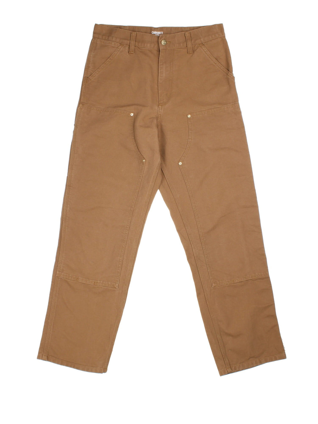 Carhartt Double Knee Jeans in a brown colourway, with multiple pockets and embroidered logo on the back pocket.