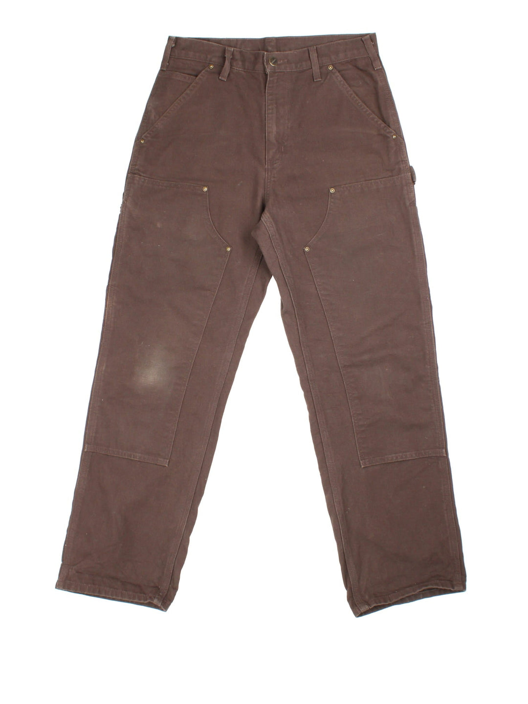 Carhartt Double Knee Jeans in a brown colourway, with multiple pockets and leather logo on the back pocket.