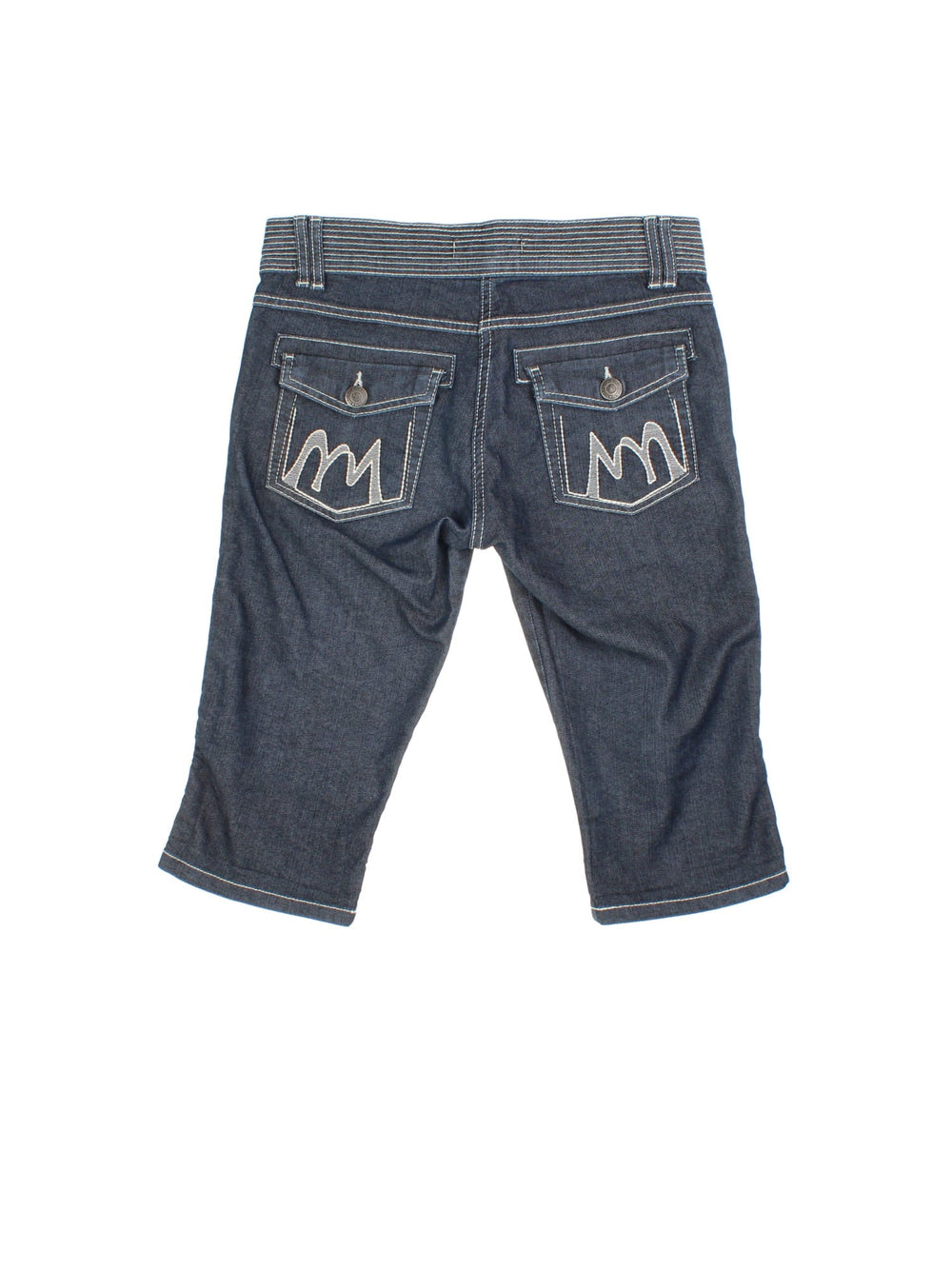 Vintage Y2K Morgan Capri shorts in blue colourway with contrast white stitching and logo embroidered on back pockets.