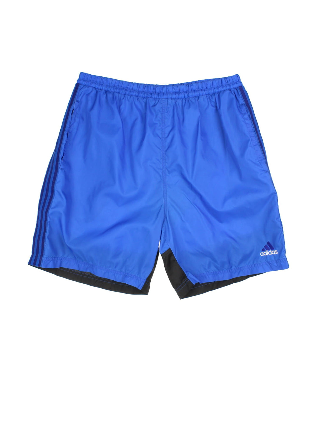 Vintage Adidas swim shorts in blue colourway with contrast black detailing. Elastic waistband with mesh inner, branding embroidered on front