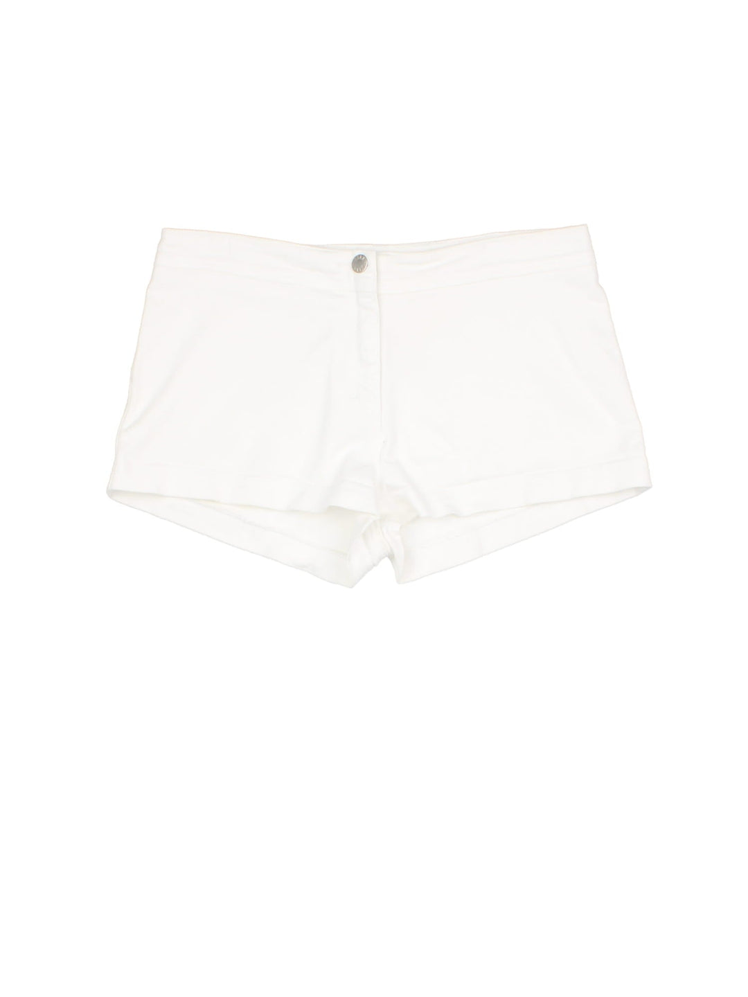 Vintage Y2K ELLE shorts in white colourway, with zip/button fastening and branded patch on back pocket.