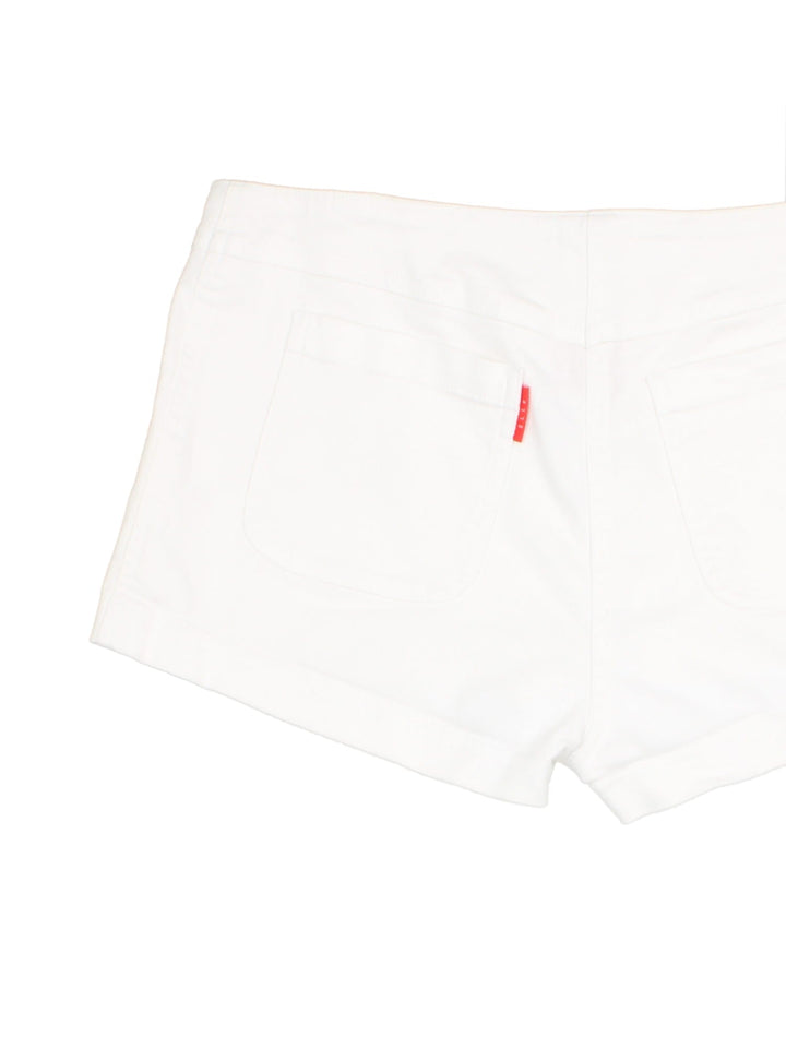 Vintage Y2K ELLE shorts in white colourway, with zip/button fastening and branded patch on back pocket.