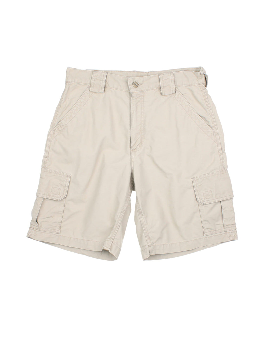 Vintage Carhartt cargo shorts in tan colourway, with side pockets and branded leather patch on back pocket.