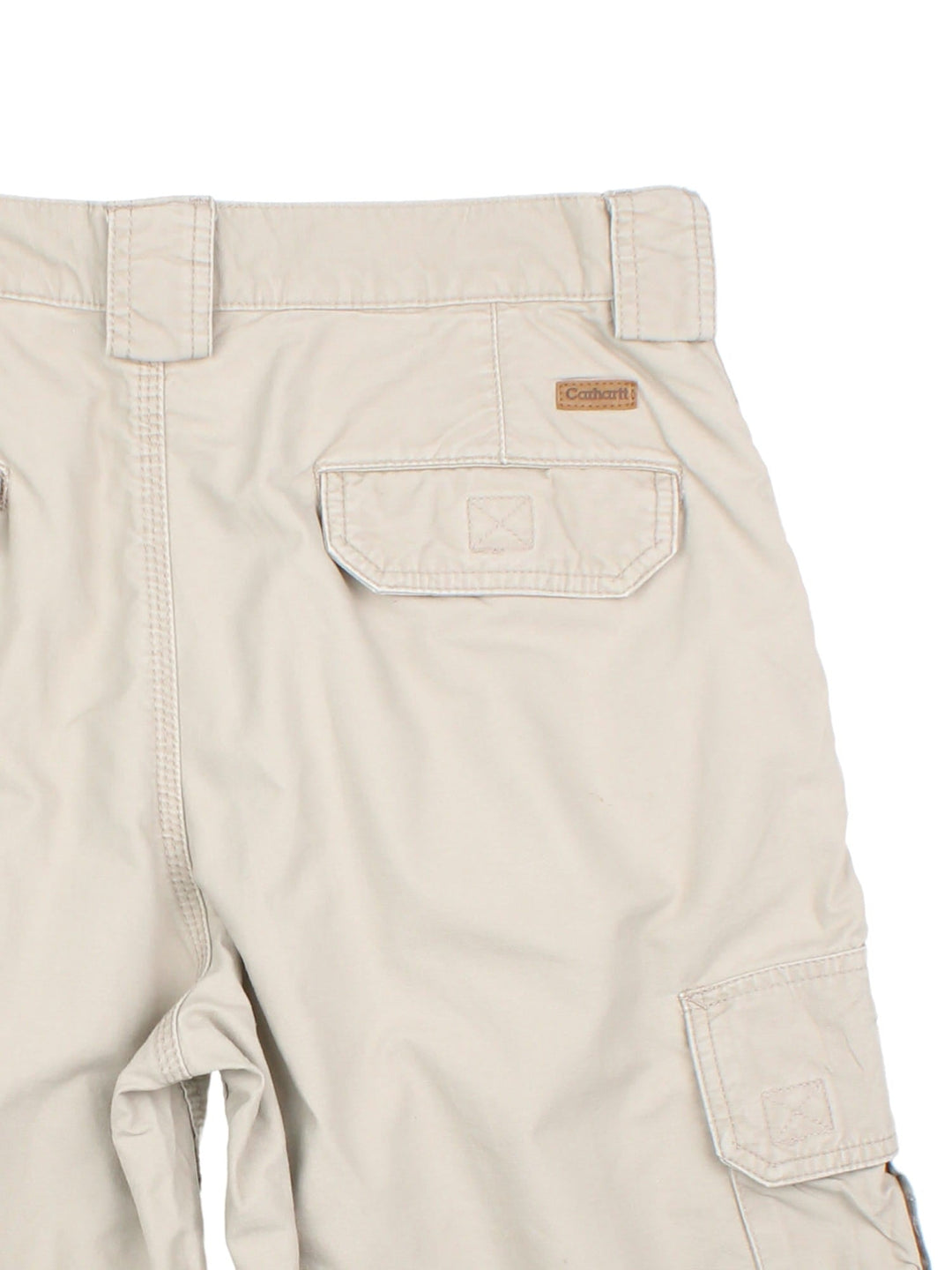 Vintage Carhartt cargo shorts in tan colourway, with side pockets and branded leather patch on back pocket.