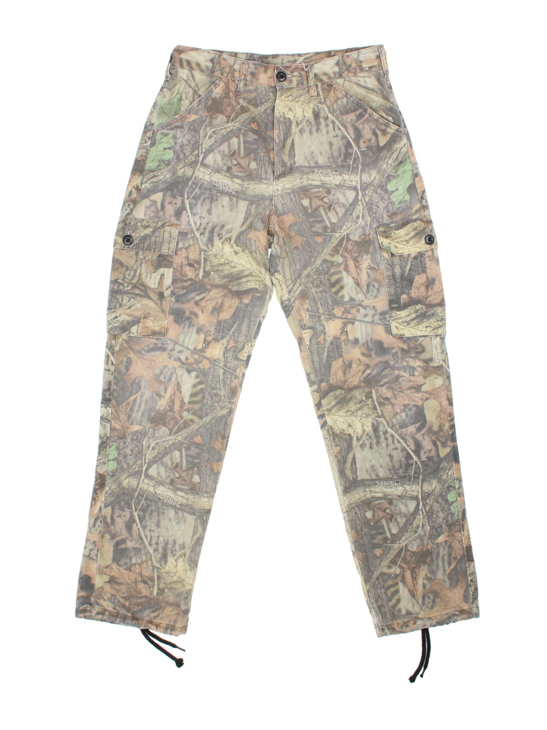 Vintage Camo Cargo Trousers in green and brown colourway with multiple pockets and the logo embroidered on the back.