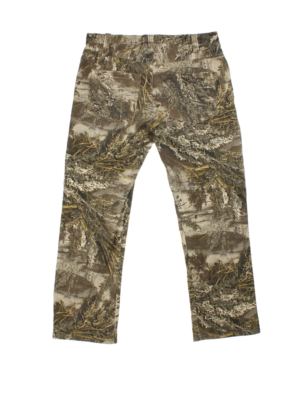 Vintage Real Tree Camo Jeans in brown and green patterned colourway with multiple pockets and the logo spell out in the camo all over print.