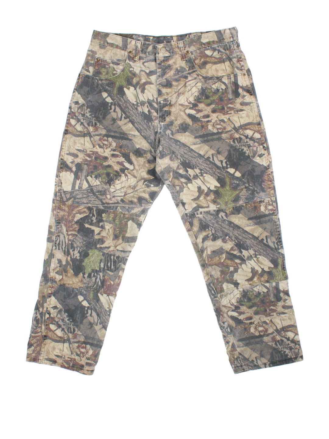 Wrangler Mossy Oak Forest Camo Jeans in green and brown colourway with multiple pockets and the logo embroidered on the back.