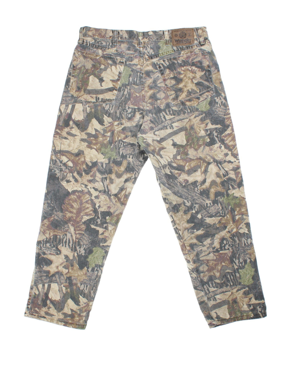 Wrangler Mossy Oak Forest Camo Jeans in green and brown colourway with multiple pockets and the logo embroidered on the back.