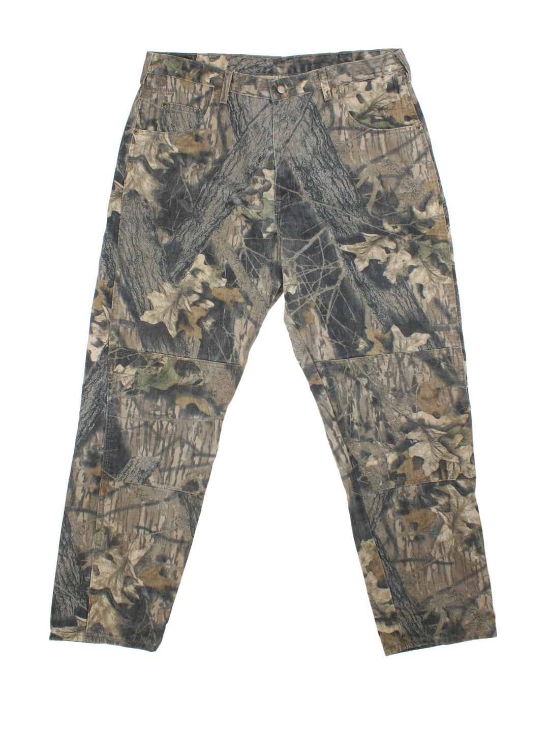 Wrangler Forest Camo Jeans in green and brown colourway with multiple pockets and the logo embroidered on the back.