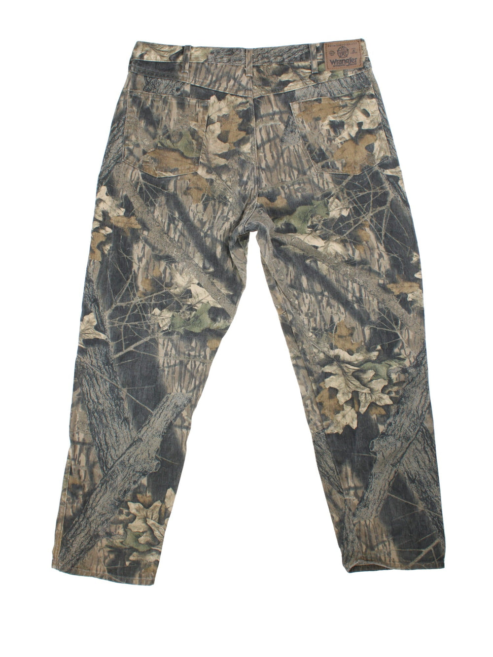 Wrangler Forest Camo Jeans in green and brown colourway with multiple pockets and the logo embroidered on the back.