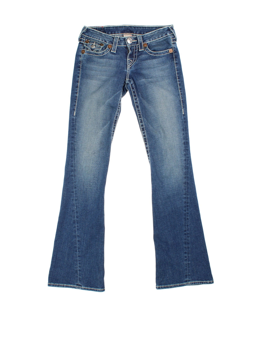 True Religion Flared Jeans in blue colourway with multiple pockets and the logo embroidered on the back pockets.