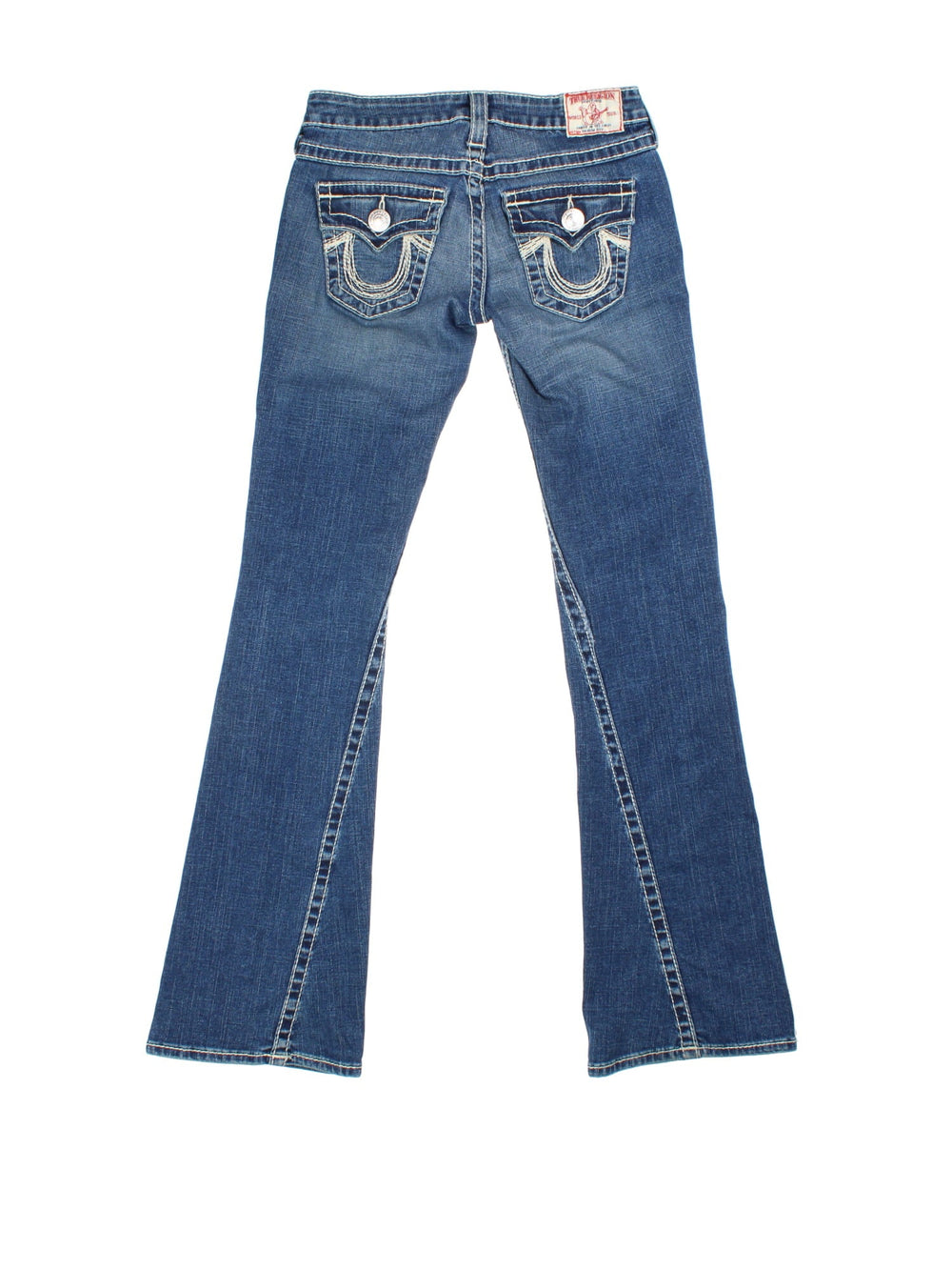 True Religion Flared Jeans in blue colourway with multiple pockets and the logo embroidered on the back pockets.