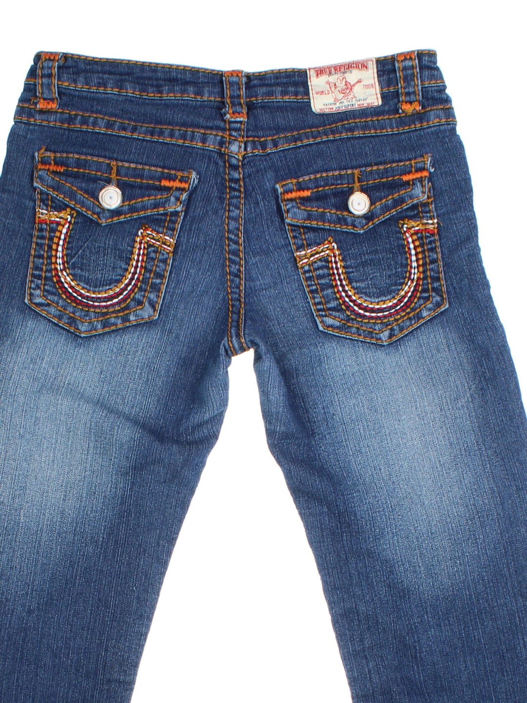 True Religion Y2K Jeans in blue colourway with multiple pockets and the logo embroidered on the back pockets.