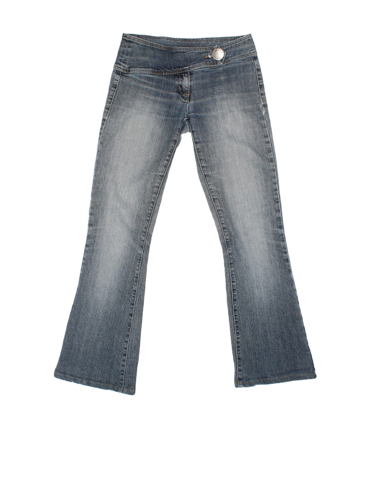 Vintage Moto Y2K Flared Jeans in blue colourway with belt feature, and the logo tab embroidered on the back.