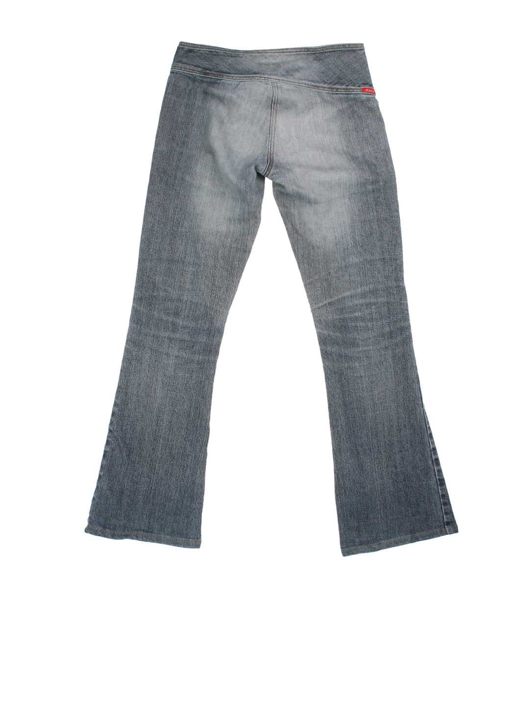 Vintage Moto Y2K Flared Jeans in blue colourway with belt feature, and the logo tab embroidered on the back.