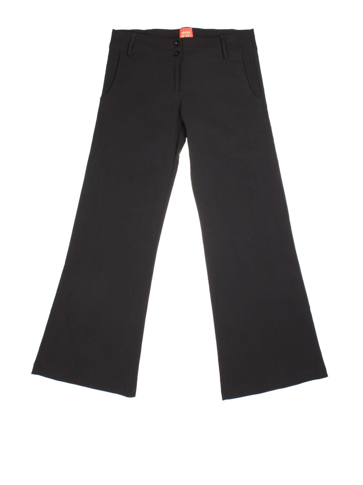 Vintage Y2K Flared Trousers in black colourway. Zip fly fastening with side/back pockets and patch branding.