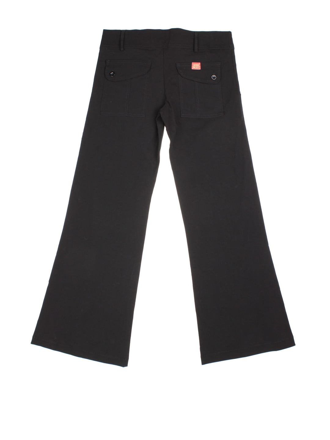 Vintage Y2K Flared Trousers in black colourway. Zip fly fastening with side/back pockets and patch branding.