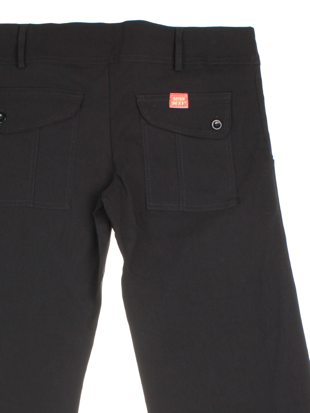 Vintage Y2K Flared Trousers in black colourway. Zip fly fastening with side/back pockets and patch branding.